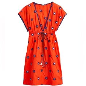 J Crew Red 100% Cotton Poplin Beach‎ Tunic with Blue Embroidered Daisies Medium